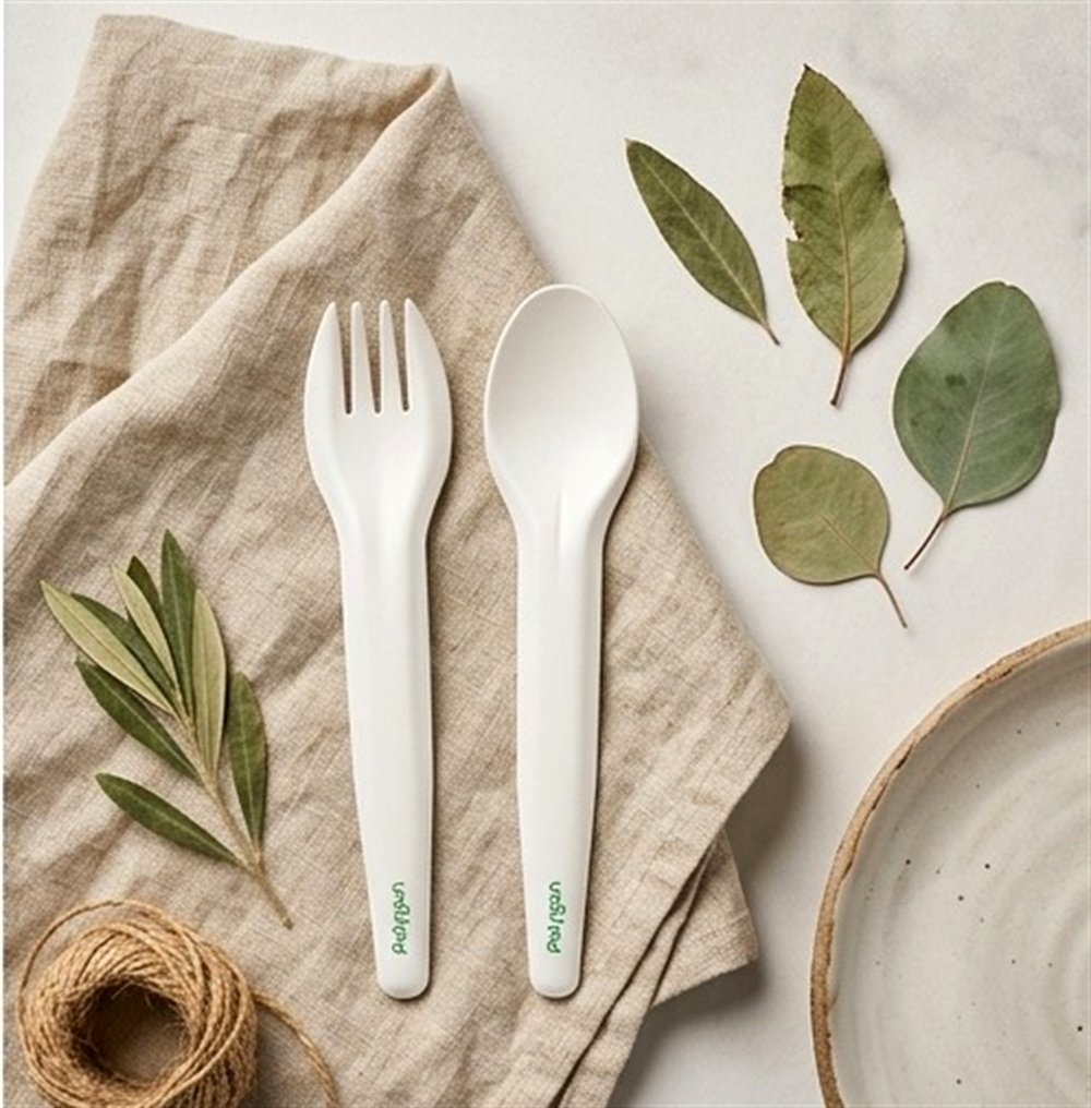 Polygon compostable paper fork and spoon on a linen napkin with leaves