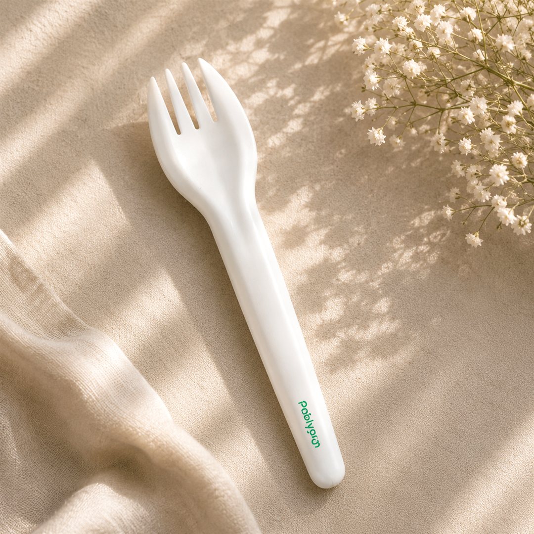 Compostable paper fork styled on linen
