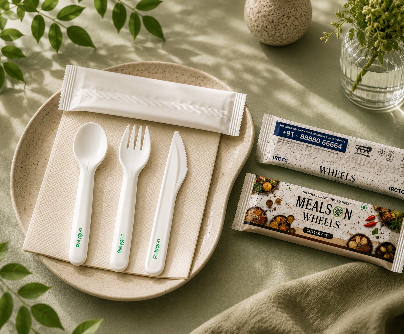 Compostable paper cutlery set with branded cutlery kit