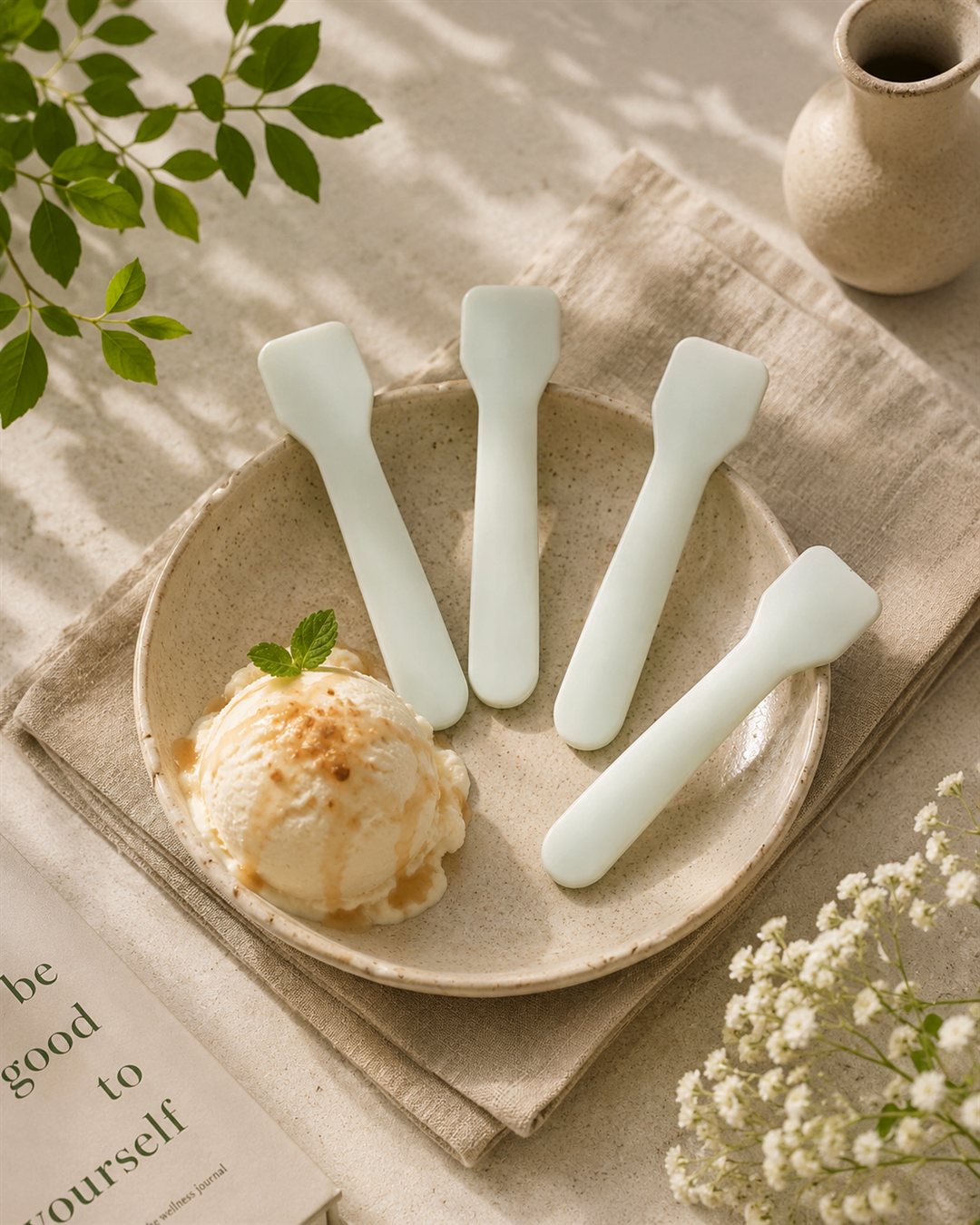 Paper ice-cream and taster spoons with ice cream