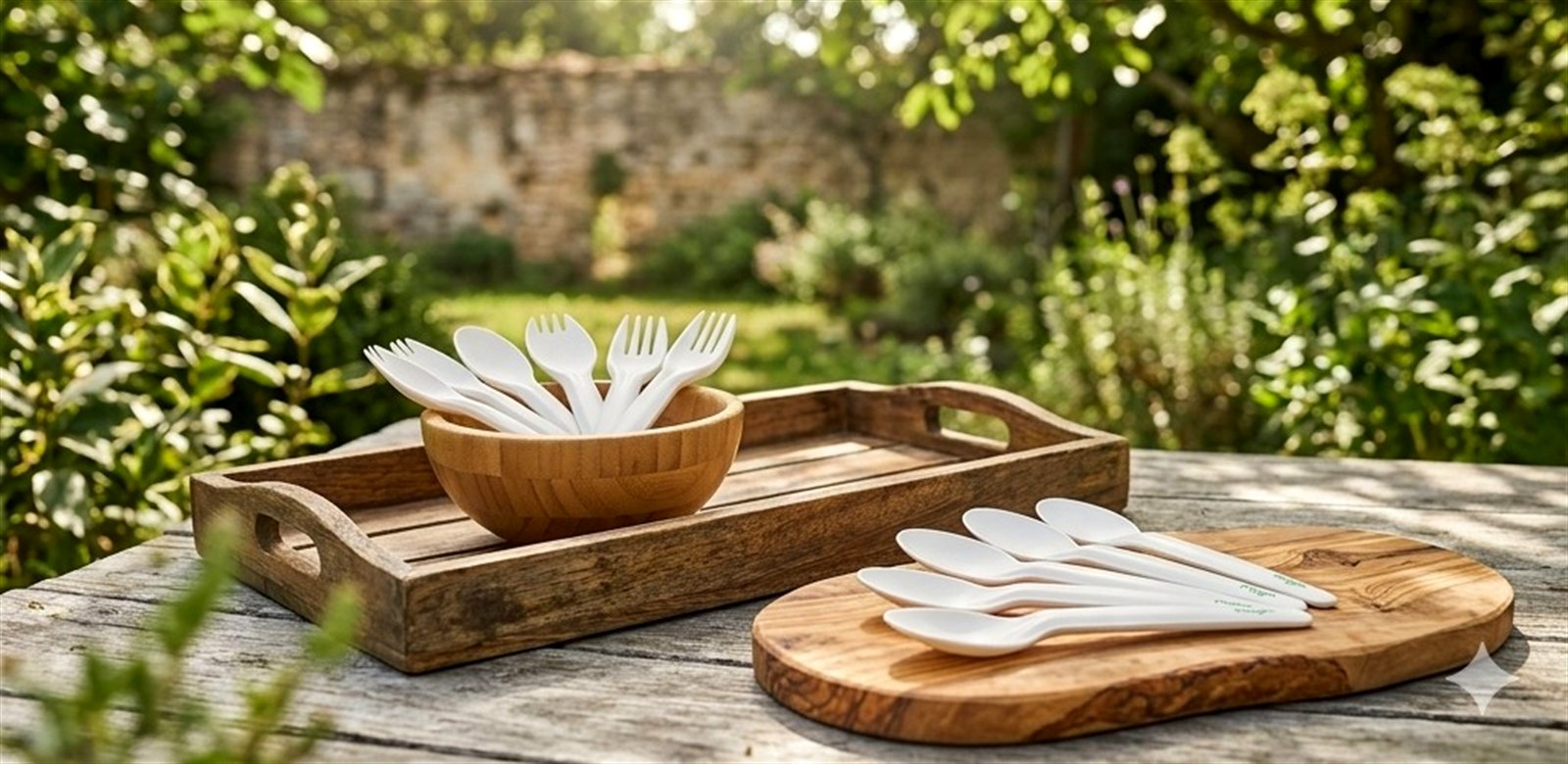 Polygon paper cutlery served outdoors in a sunny garden setting