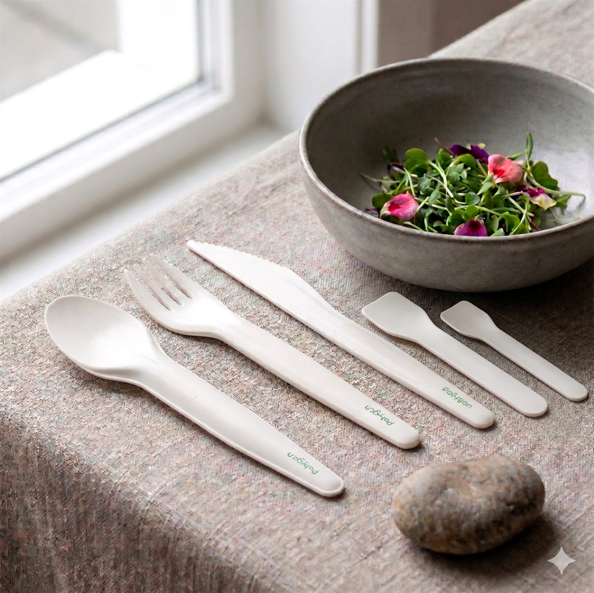Polygon compostable paper cutlery set on a rustic wooden table with flowers