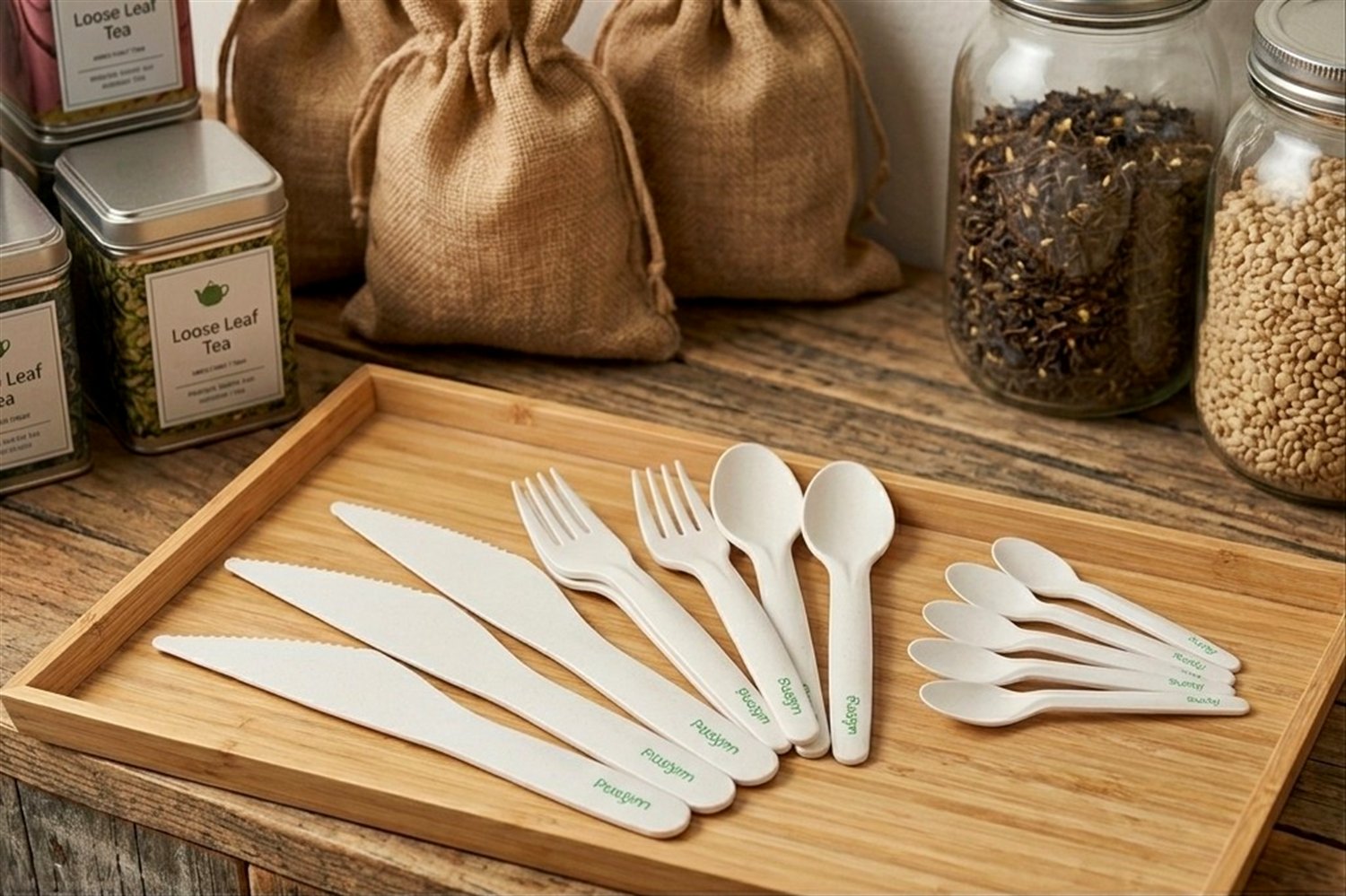 Polygon paper cutlery on a bamboo tray with loose-leaf tea and pantry jars