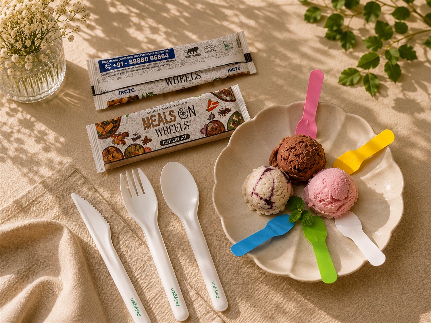Polygon compostable cutlery, branded cutlery kits and colourful taster spoons with ice cream